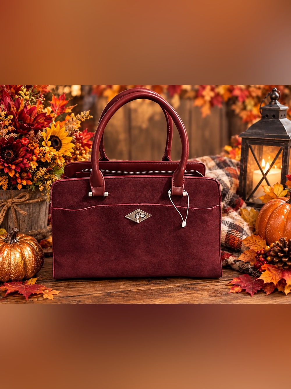 🍂Structured and Spacious Burgundy Suede like Material Tote Bag with Top Handles🍁